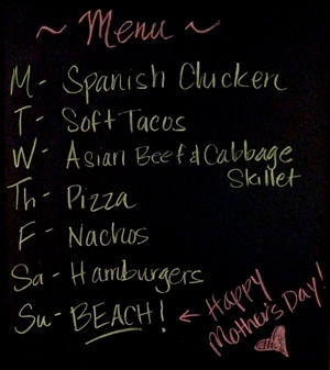 Menu for week 19 of the year 2014. Image taken from NW Mama's kitchen chalkboard.